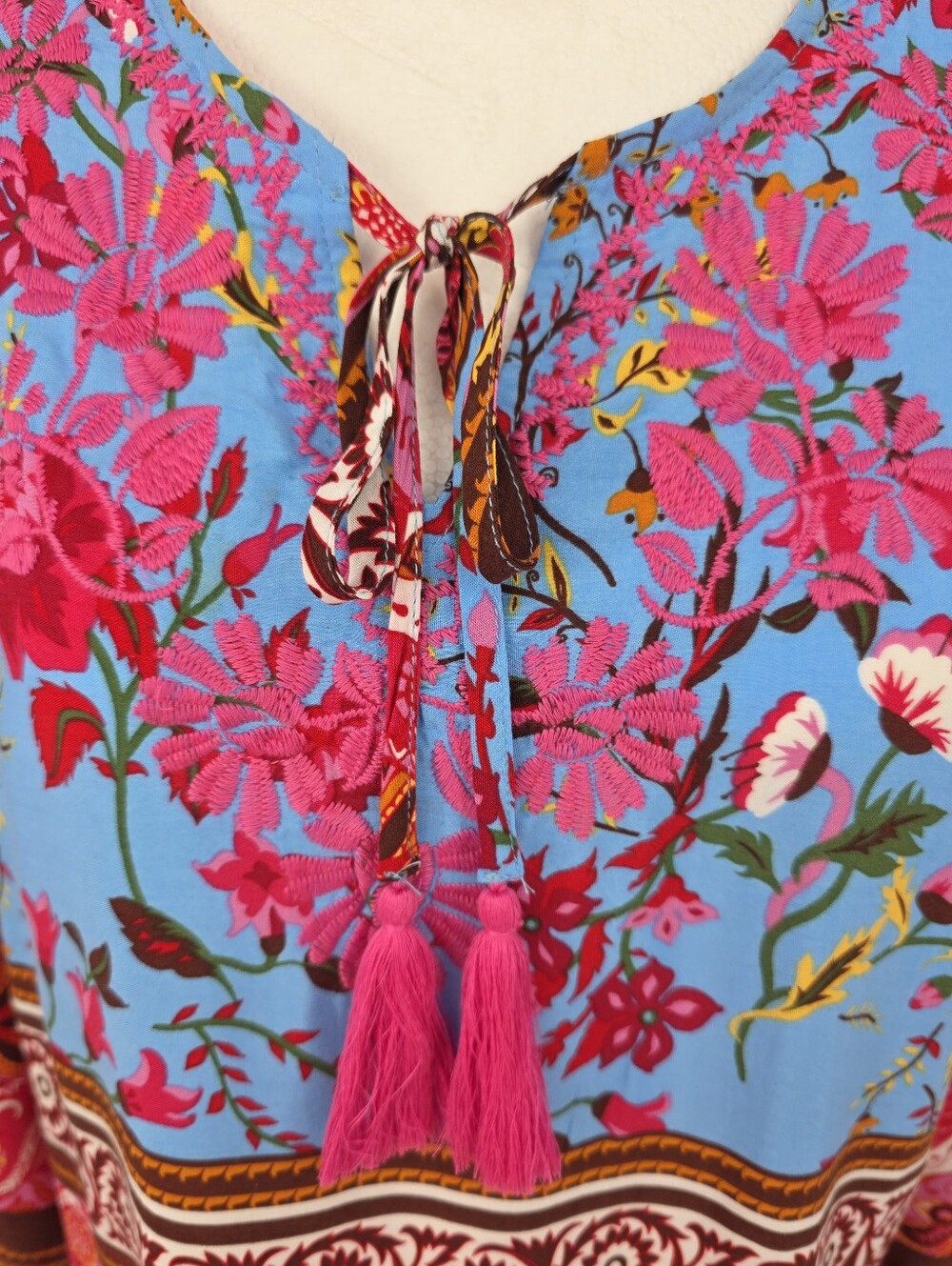 Aziza Embroidered Floral Tassel Tie Boho Tunic Blouse Medium - Picture 3 of 9